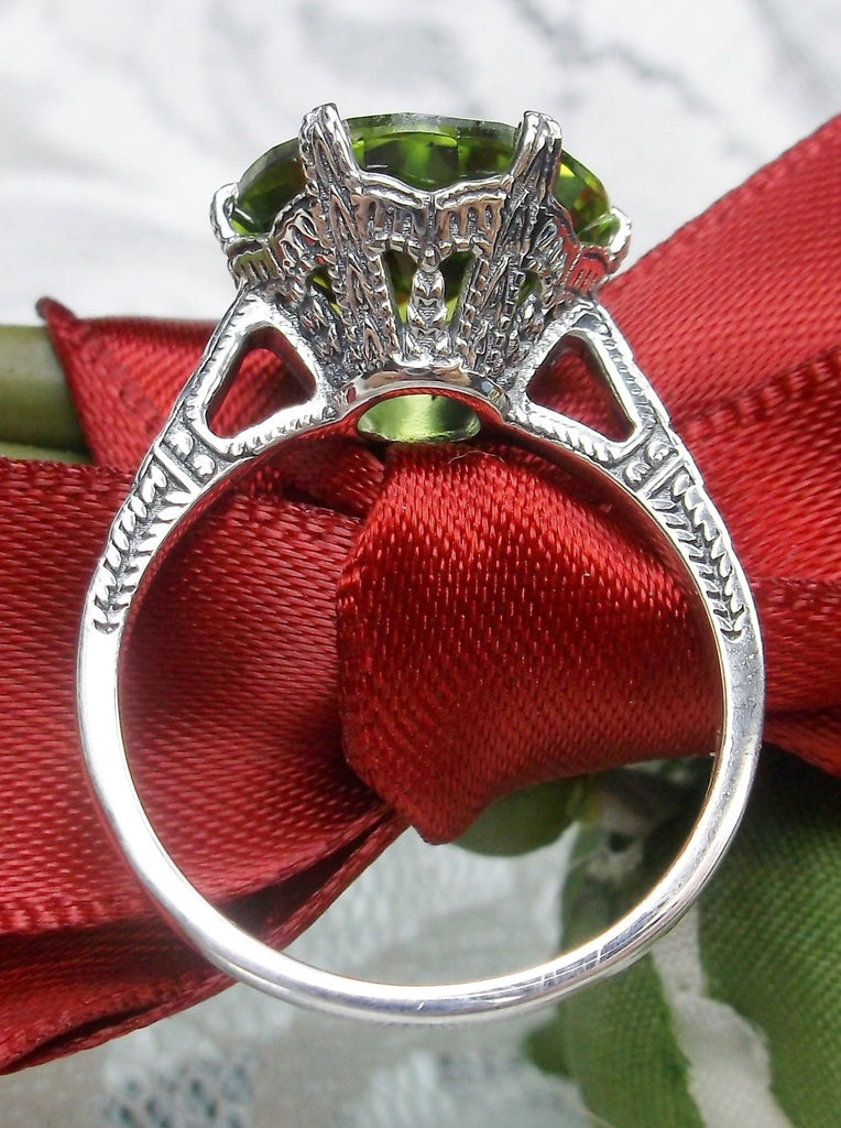 Peridot Ring, simulated gemstone, classic solitaire, Victorian sterling silver filigree