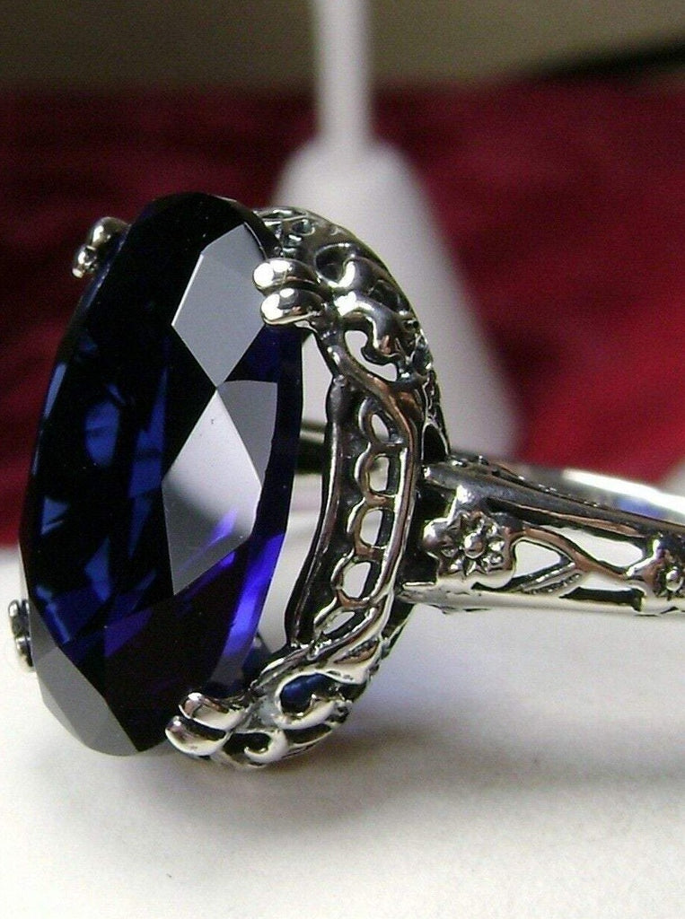 Blue Sapphire Ring, Sapphire Blue simulated oval faceted gemstone, sterling silver floral filigree, Edward design #D70