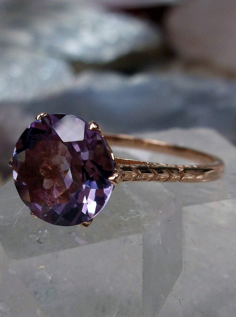 Amethyst Ring, Natural gemstone, classic solitaire, Victorian rose gold filigree