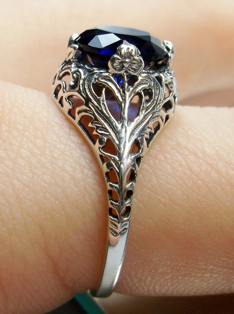 blue sapphire solitaire ring with swirl antique floral sterling silver filigree