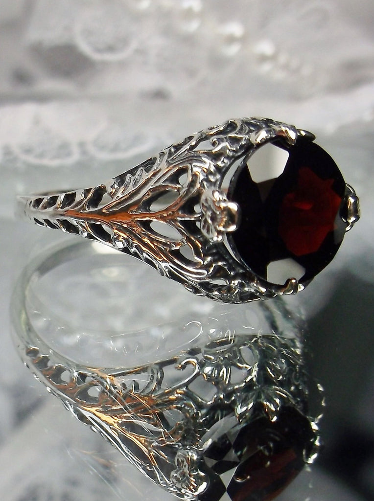 red garnet solitaire ring with swirl antique floral sterling silver filigree