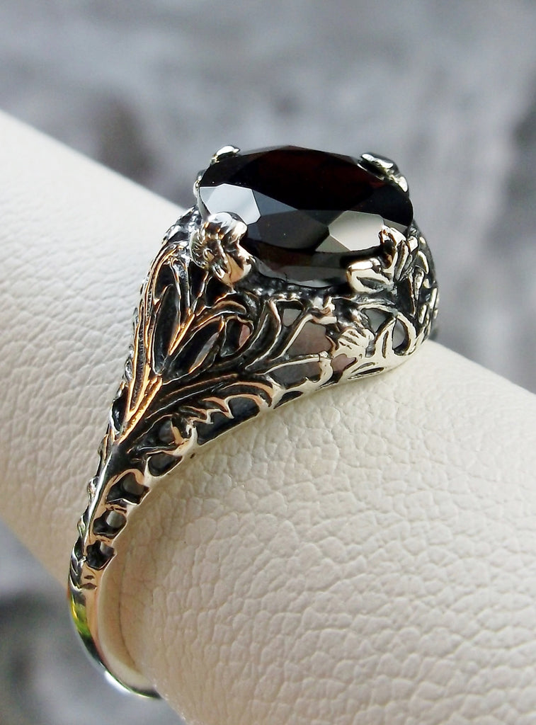 red garnet solitaire ring with swirl antique floral sterling silver filigree
