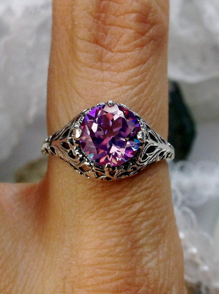 natural pink topaz solitaire ring with swirl antique floral sterling silver filigree