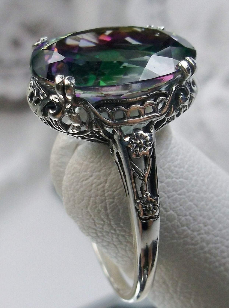natural mystic topaz ring, 6 carat natural oval faceted gemstone, sterling silver floral filigree, Edward design #D70