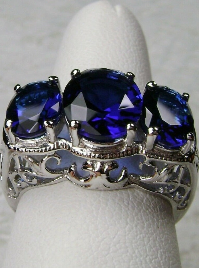 Blue Sapphire Ring, Triple 3-Stone design, sterling silver filigree, Art Deco Jewelry