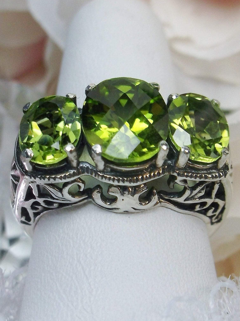Natural Peridot Ring, Green peridot Triple 3-Stone design, sterling silver filigree, Art Deco Jewelry