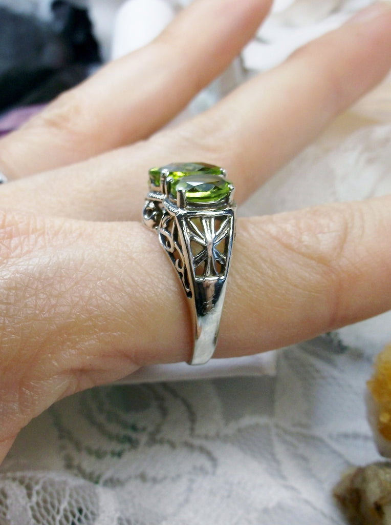 Natural Peridot Ring, Green peridot Triple 3-Stone design, sterling silver filigree, Art Deco Jewelry