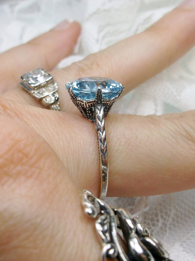 Sky Blue Topaz Ring, Natural gemstone, classic solitaire, Victorian sterling silver filigree