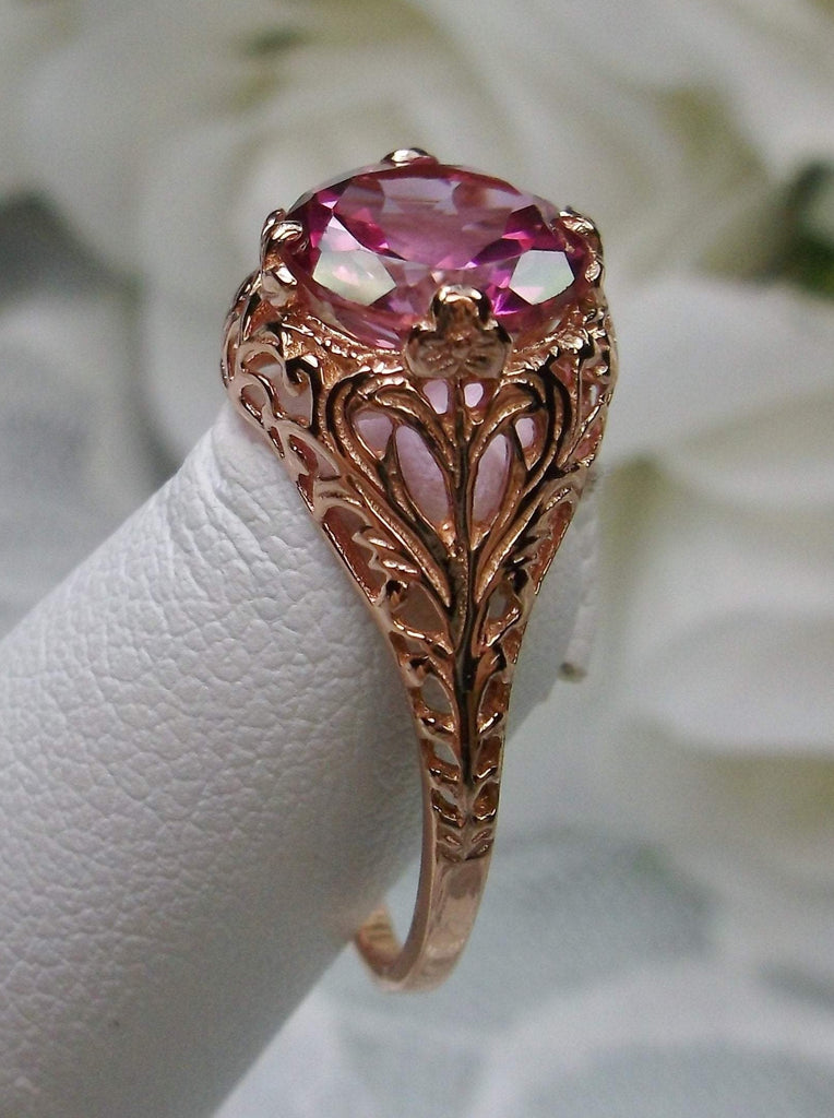 natural pink topaz solitaire ring with swirl antique floral rose gold filigree
