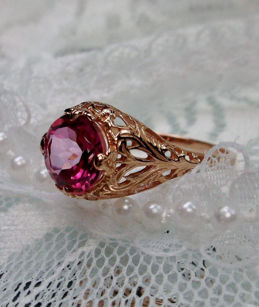 natural pink topaz solitaire ring with swirl antique floral rose gold filigree