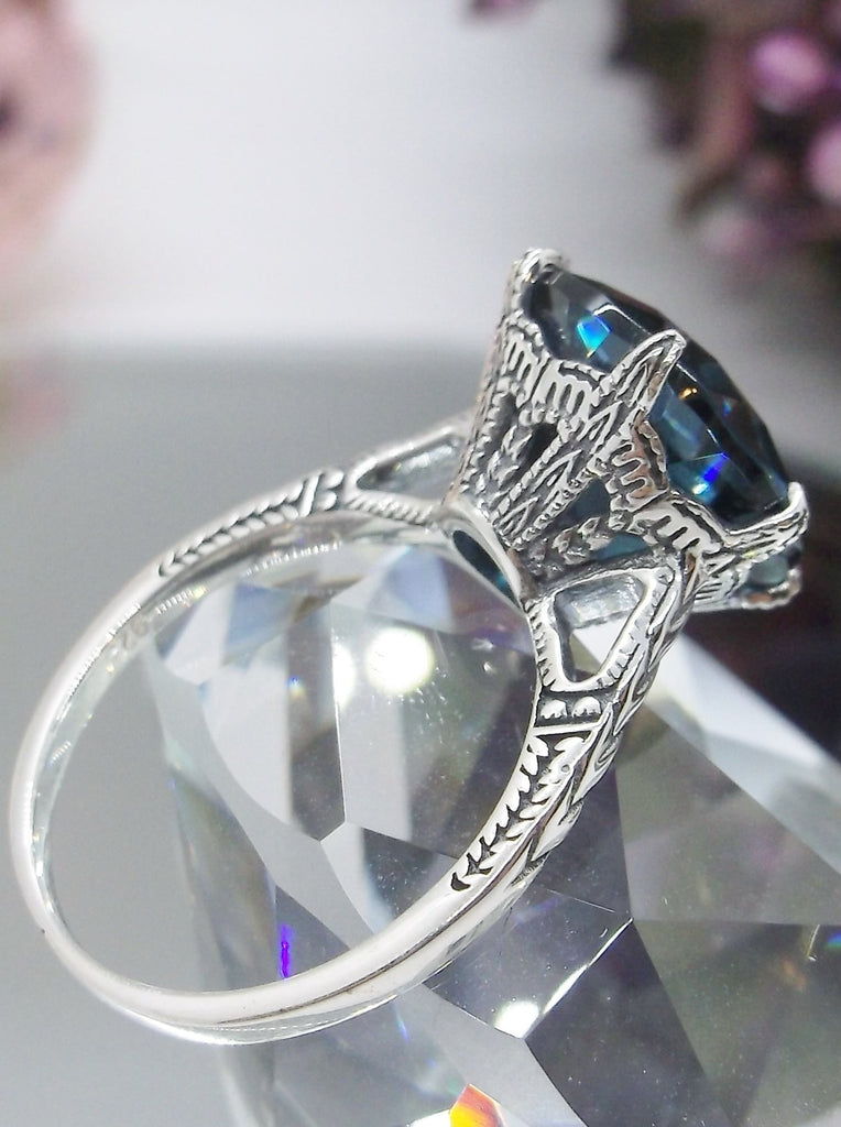 London Blue Topaz Ring, Natural gemstone, classic solitaire, Victorian sterling silver filigree