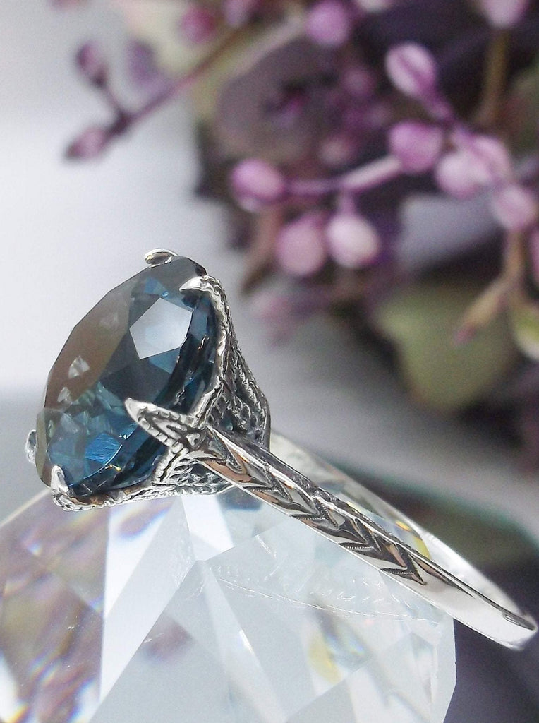London Blue Topaz Ring, Natural gemstone, classic solitaire, Victorian sterling silver filigree