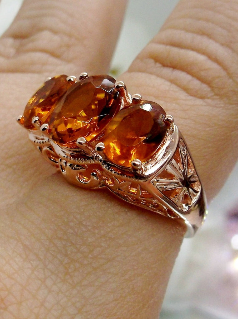 citrine ring, Orange Cognac citrine three stone art deco style ring with rose gold antique filigree