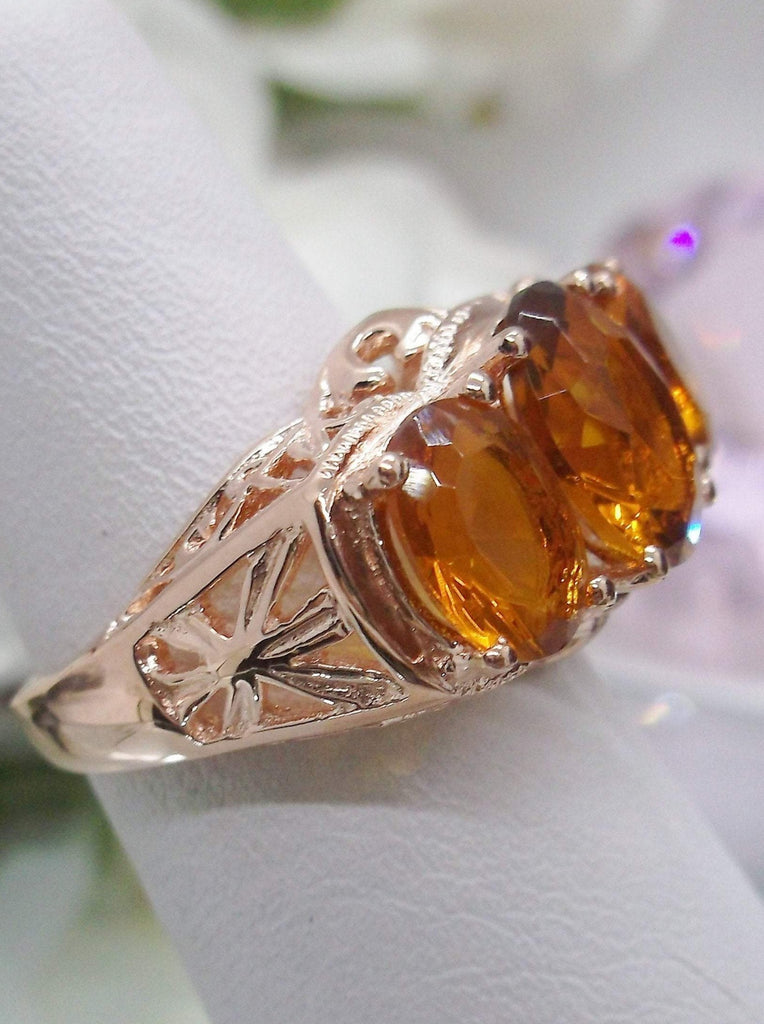 citrine ring, Orange Cognac citrine three stone art deco style ring with rose gold antique filigree