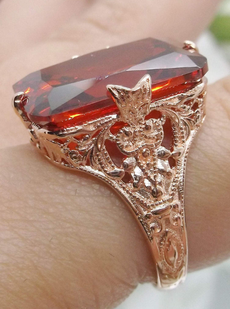 Garnet Red CZ Ring, Edwardian style, rose gold plated sterling silver filigree, with flared prong detail, Treasure design