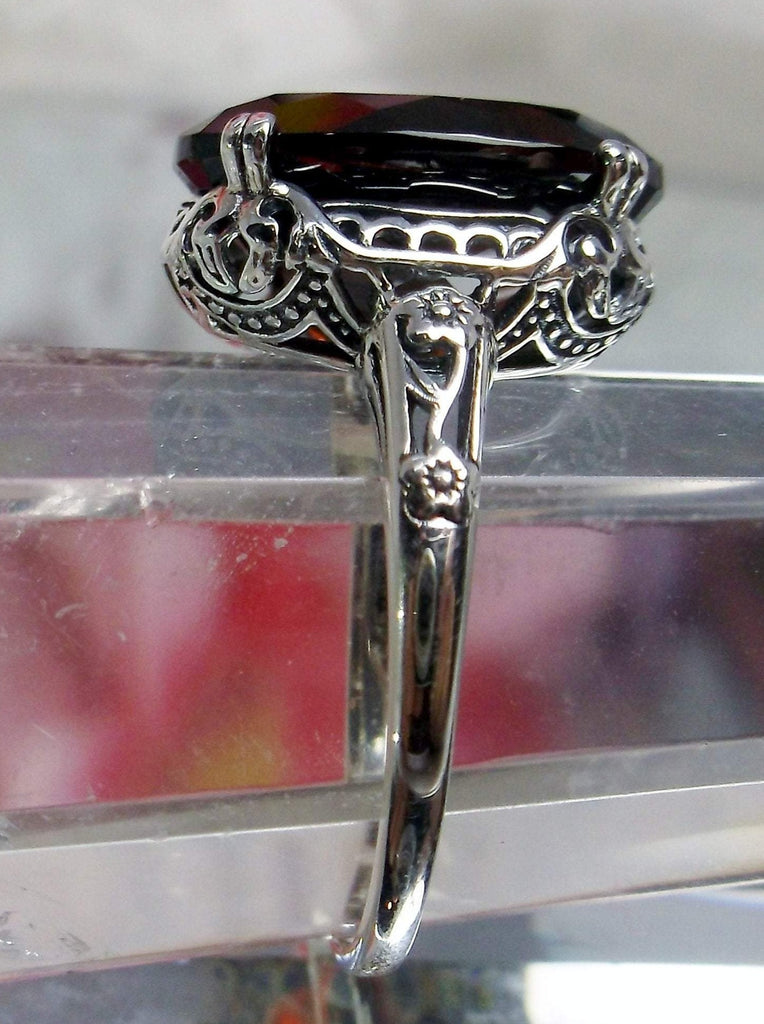Natural Garnet Ring,  6.9 carat oval faceted natural gemstone, Sterling Silver floral filigree, Edward design #D70, side view on crystal form