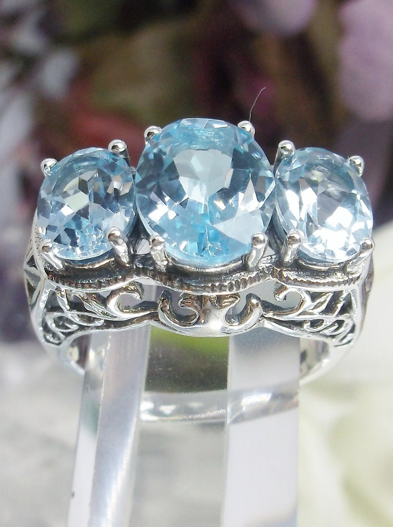 Natural Blue Topaz Ring, Blue Topaz Triple 3-Stone design, sterling silver filigree, Art Deco Jewelry