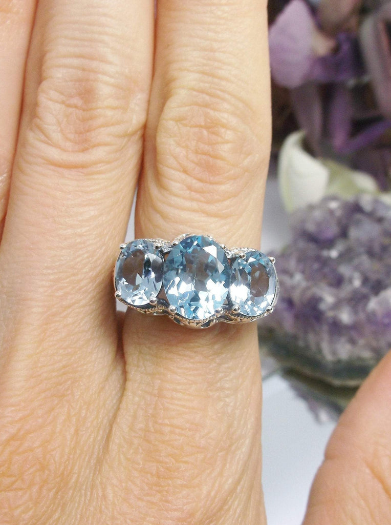 Natural Blue Topaz Ring, Blue Topaz Triple 3-Stone design, sterling silver filigree, Art Deco Jewelry