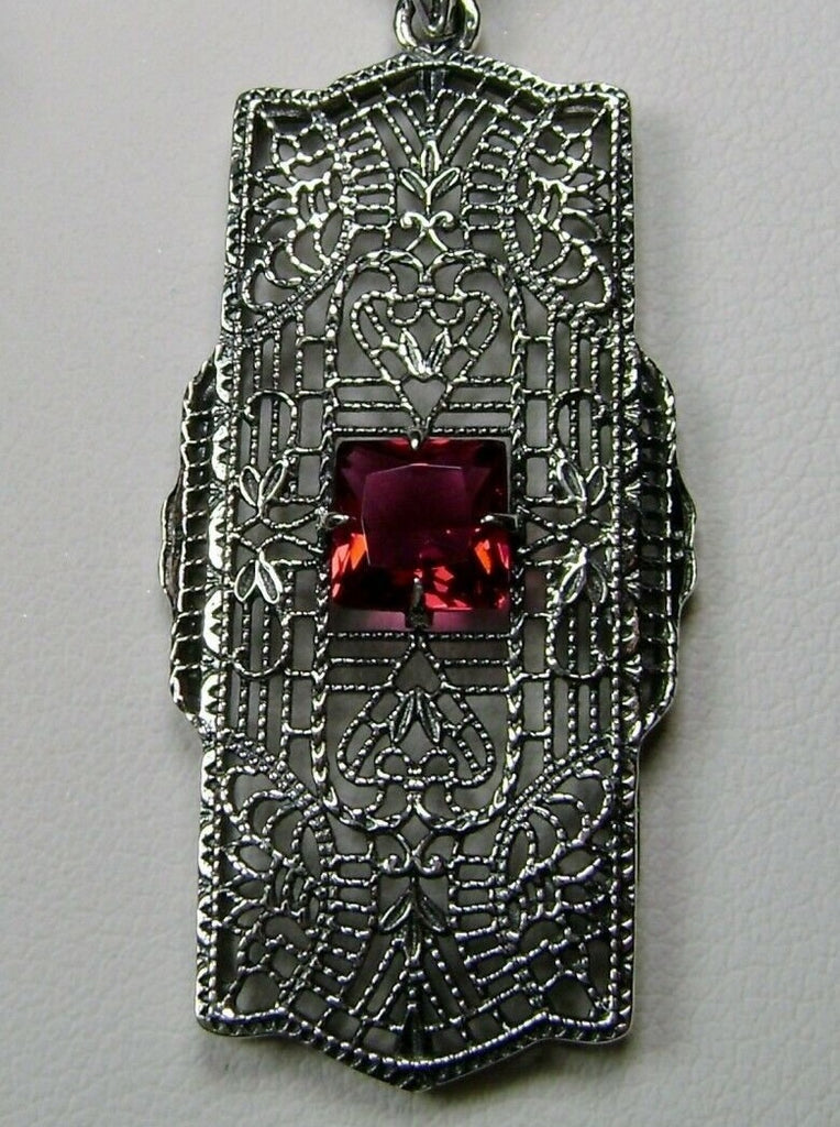 Red Ruby pendant, sterling Silver filigree field of intricate detail surrounds the center square stone accenting the beauty of the vintage look, Silver Embrace Jewelry