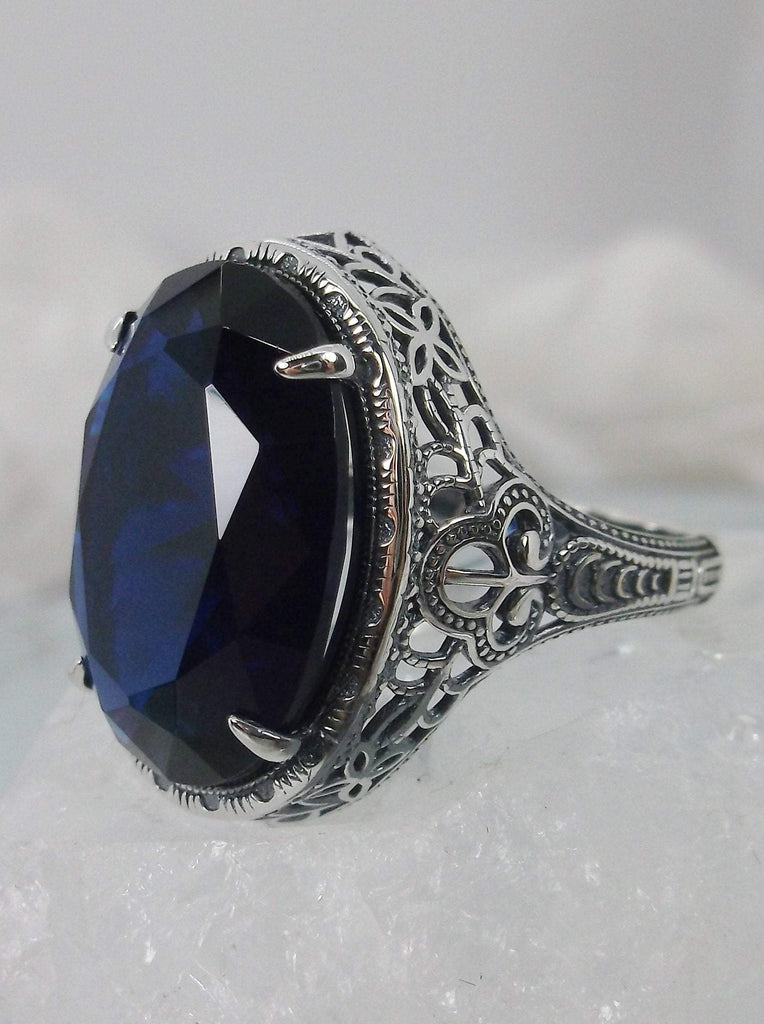 Blue Sapphire Ring, Large Oval Stone, Art Deco Silver Filigree, Vintage Jewelry