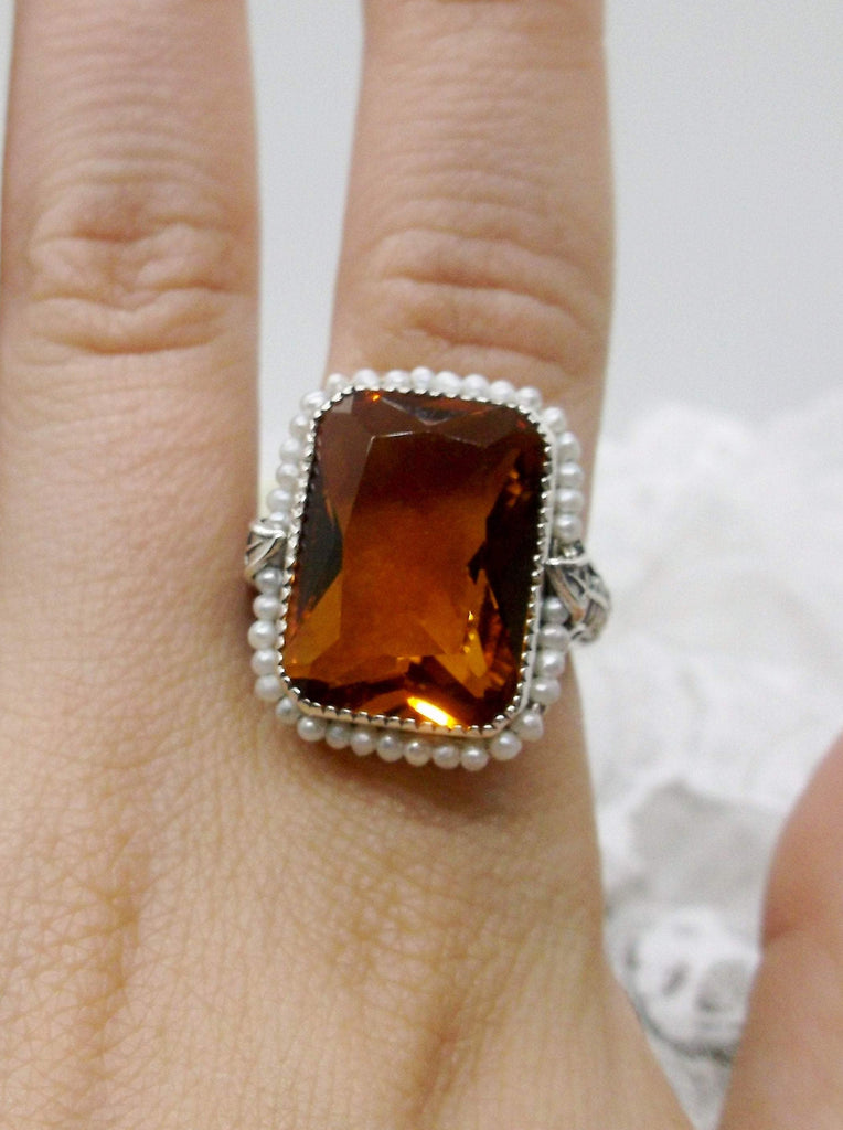 Citrine Ring, Orange-Cognac gem with Seed Pearl Frame, Silver Leaf Filigree, Victorian Jewelry D234