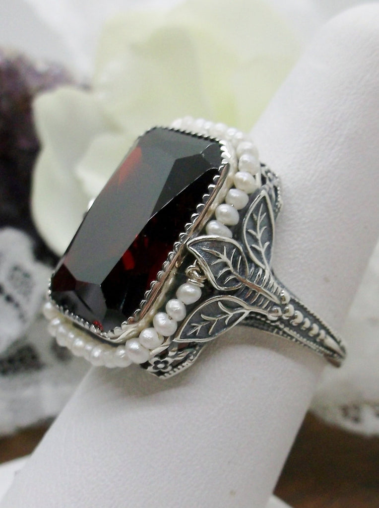 Garnet Ring, Red gem with Seed Pearl Frame, Silver Leaf Filigree, Victorian Jewelry D234