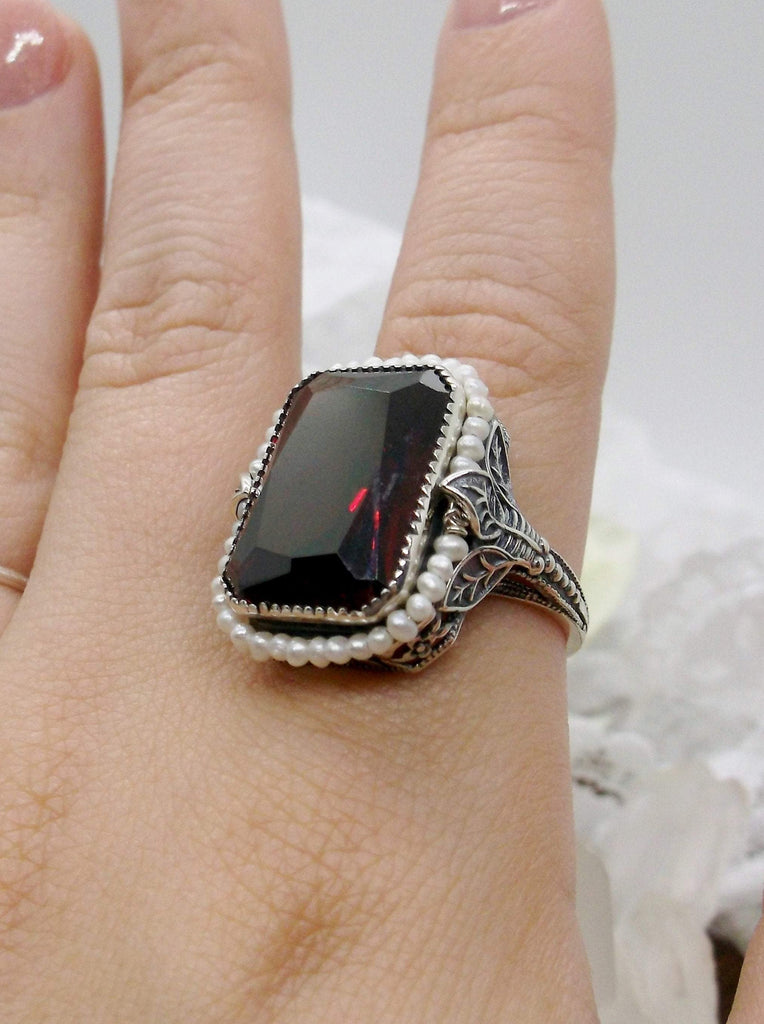 Garnet Ring, Red gem with Seed Pearl Frame, Silver Leaf Filigree, Victorian Jewelry D234
