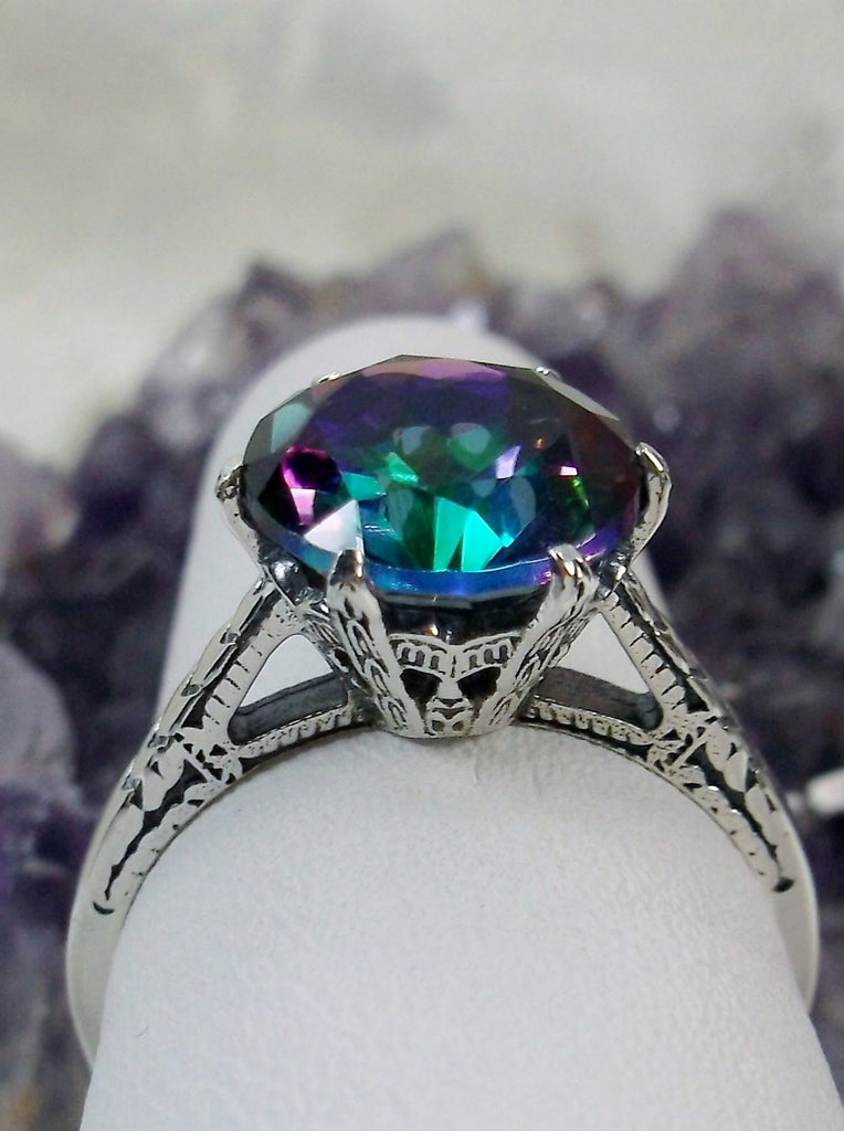 Mystic Topaz Ring, Natural gemstone, classic solitaire, Victorian sterling silver filigree
