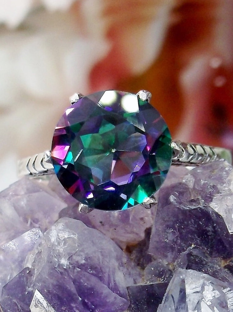 Mystic Topaz Ring, Natural gemstone, classic solitaire, Victorian sterling silver filigree