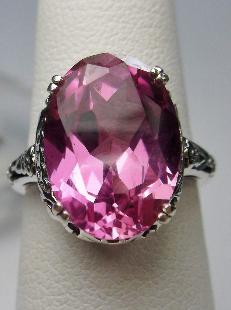 Natural Pink Topaz Ring, 6.9 carat natural oval faceted topaz, sterling silver floral filigree, Edward design #D70
