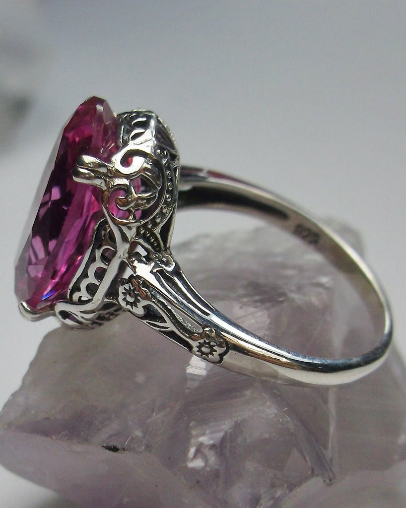 Natural Pink Topaz Ring, 6.9 carat natural oval faceted topaz, sterling silver floral filigree, Edward design #D70