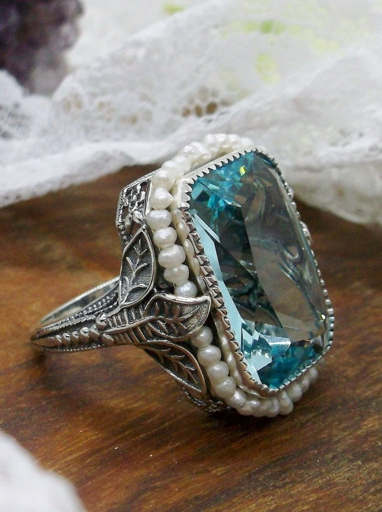 Aquamarine Ring, Sky Blue gem with Seed Pearl Frame, Silver Leaf Filigree, Victorian Jewelry D234