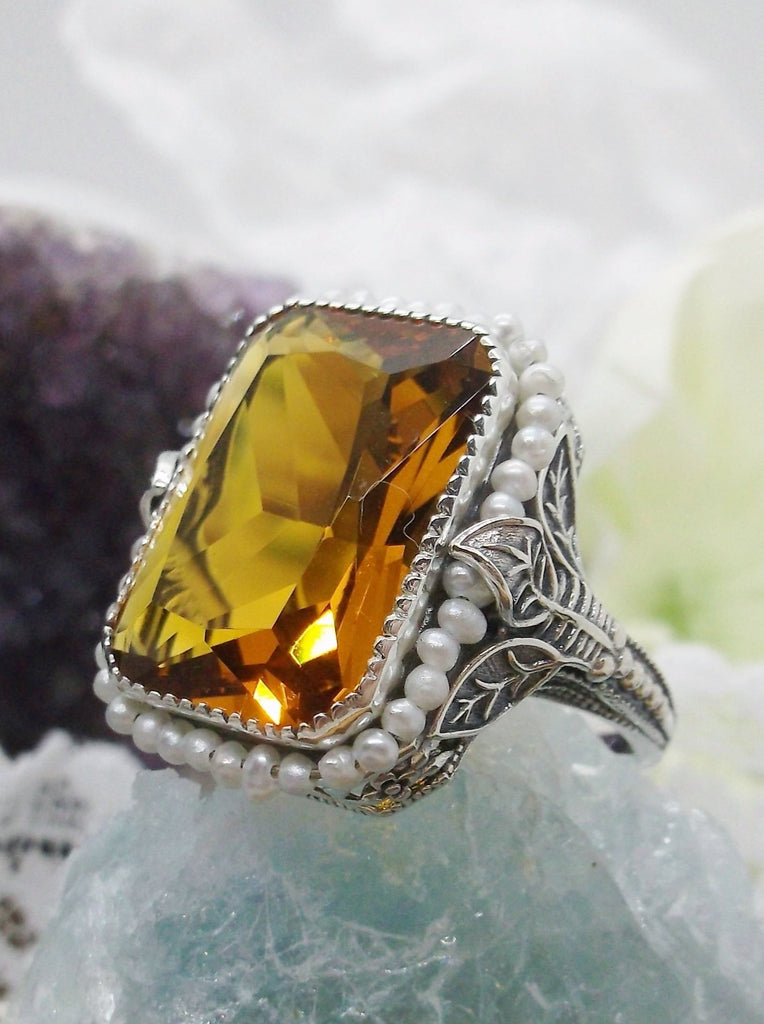 Citrine Ring, Orange-Cognac gem with Seed Pearl Frame, Silver Leaf Filigree, Victorian Jewelry D234