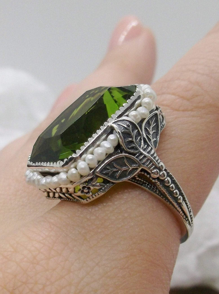 Peridot Ring, light green gem with Seed Pearl Frame, Silver Leaf Filigree, Victorian Jewelry D234