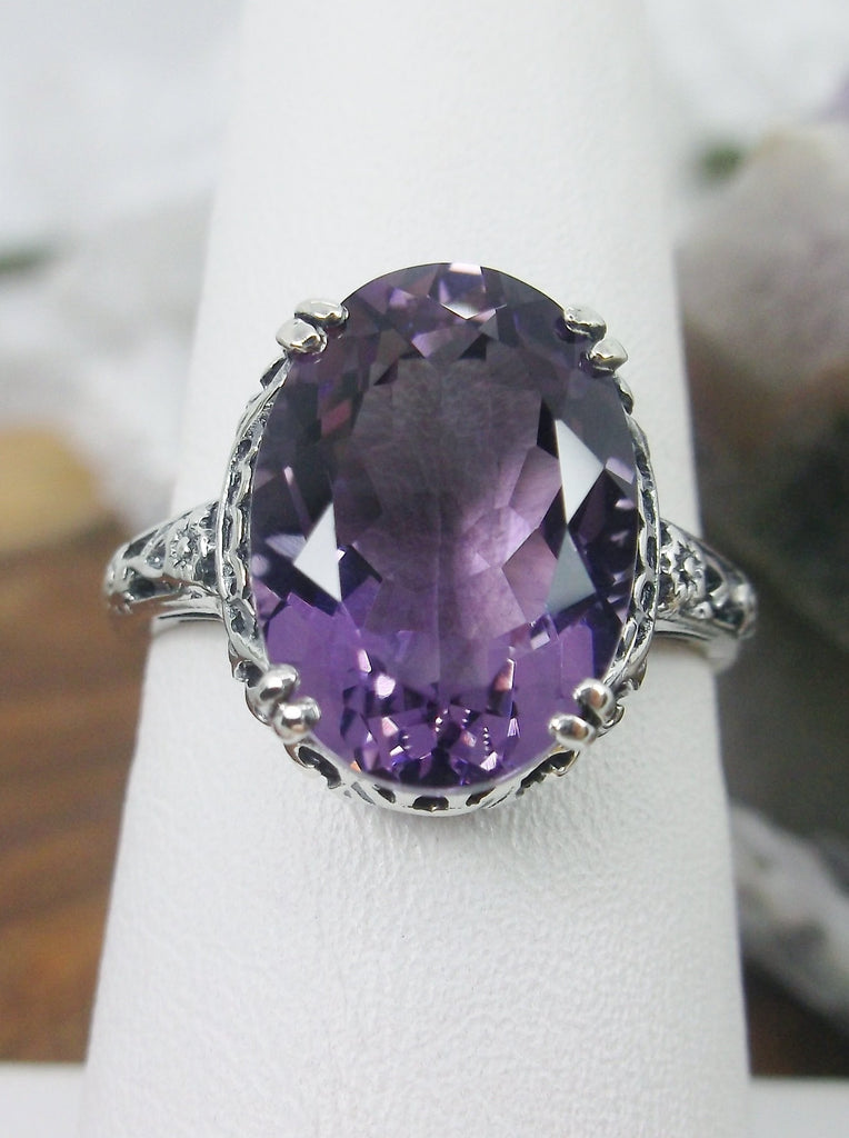 Top view of Natural Purple Amethyst Sterling Silver Filigree Ring, Edward Design#70