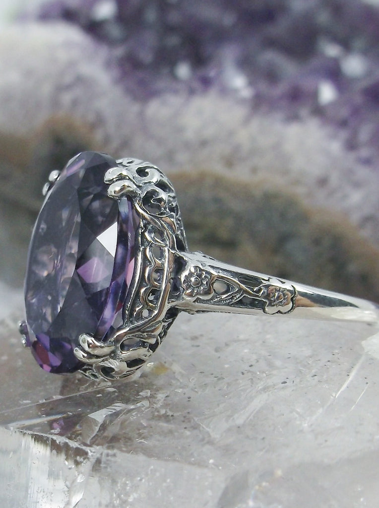 Natural Purple Amethyst Sterling Silver Filigree Ring, Edward Design#70 on a crystal stone