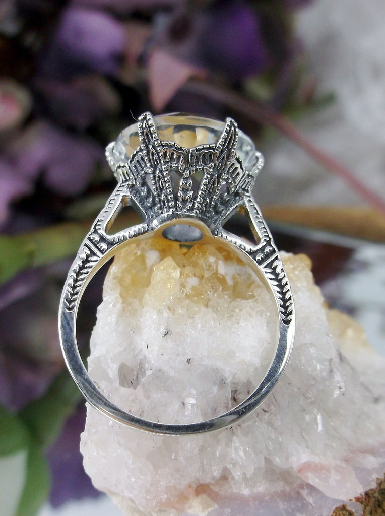 White Topaz Ring, Natural gemstone, classic solitaire, Victorian sterling silver filigree