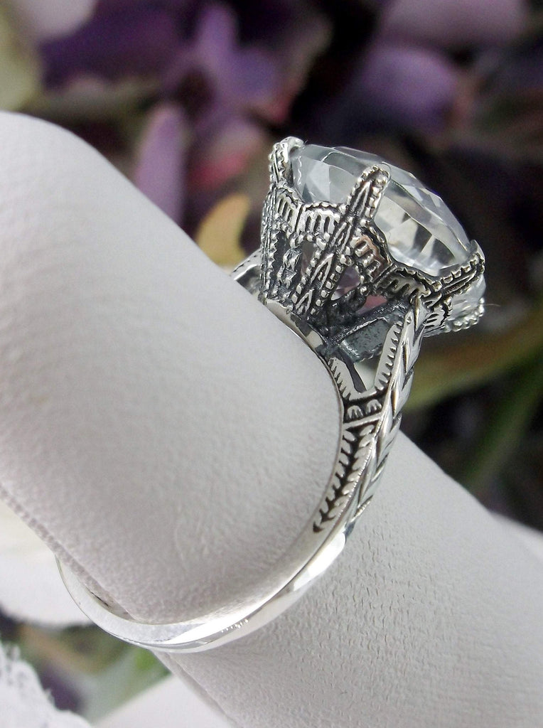 White Topaz Ring, Natural gemstone, classic solitaire, Victorian sterling silver filigree