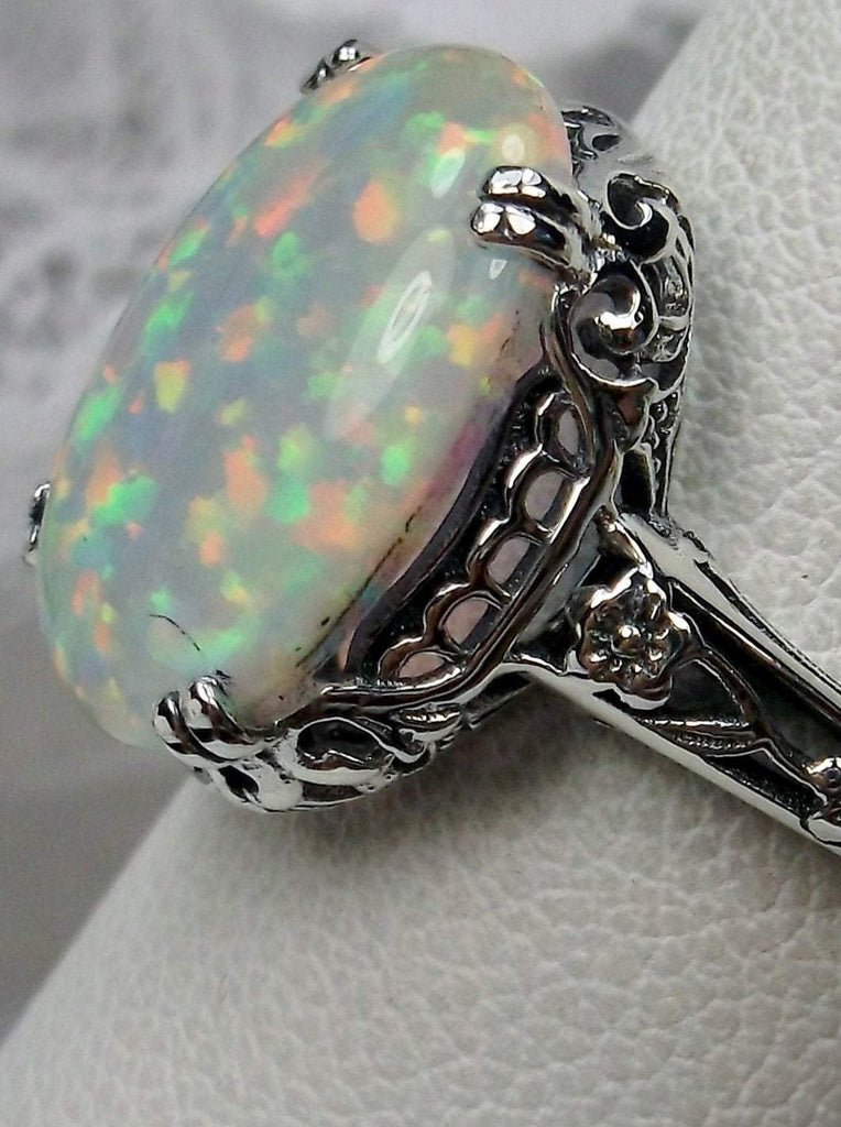 Opal Ring, Simulated fire opal oval gemstone, sterling silver floral filigree, Edward design #D70