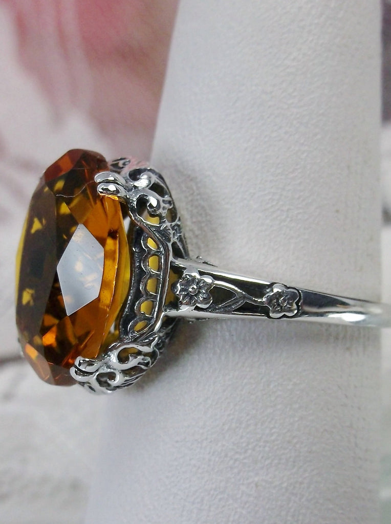 Orange Citrine Ring, 6 carat simulated citrine, oval gem, Sterling Silver floral filigree, Edward design #D70