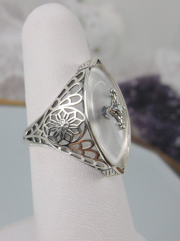White Frosted Camphor Glass Ring, Marquise shape CZ inset gem, Edwardian Silver Filigree Jewelry