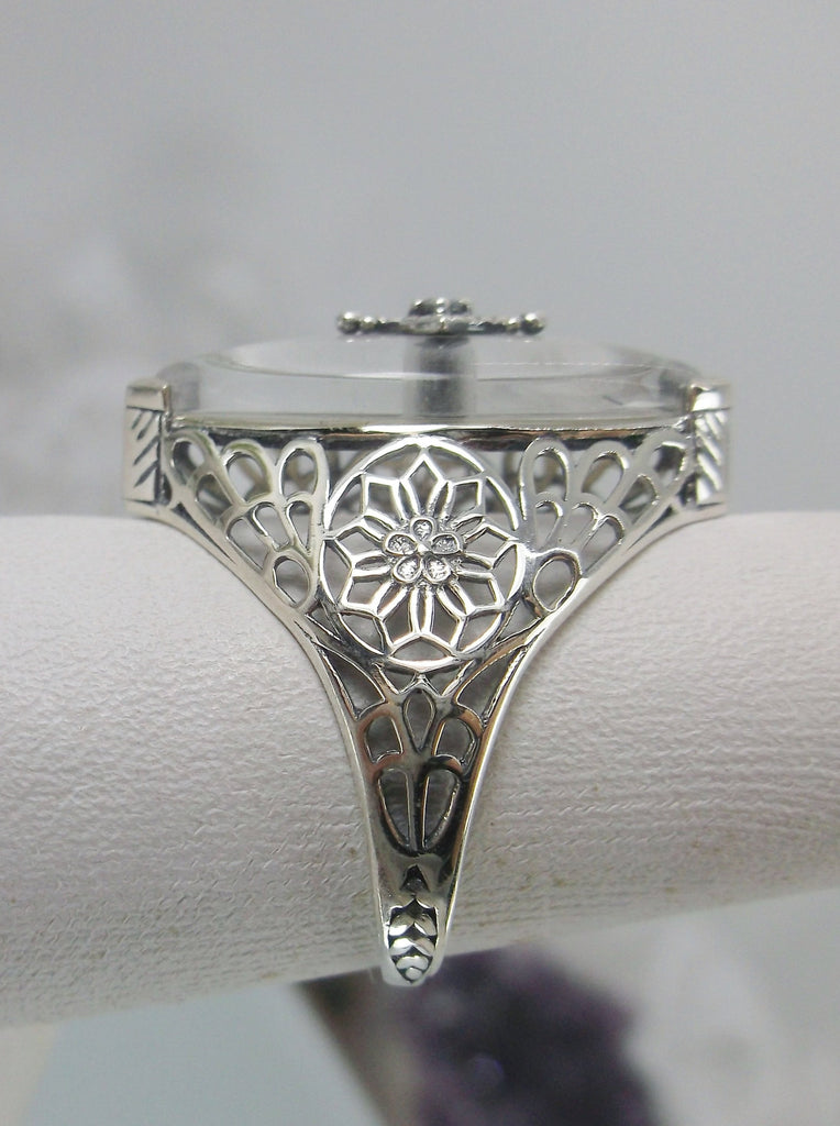 White Frosted Camphor Glass Ring, Marquise shape CZ inset gem, Edwardian Silver Filigree Jewelry