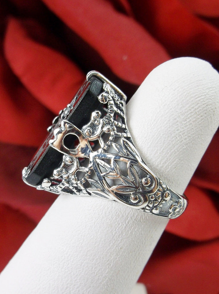 Black Carved Camphor Glass ring, Inset gemstone, Antique filigree, Sterling silver Victorian design, D31, Silver Embrace Jewelry