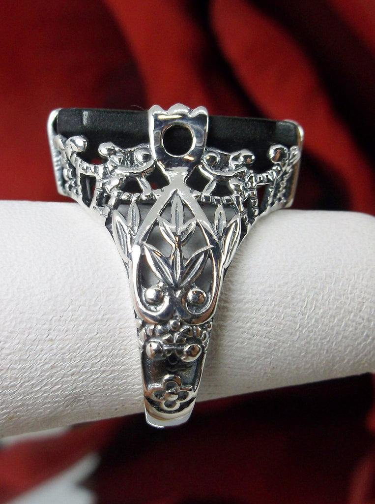 Black Carved Camphor Glass ring, Inset gemstone, Antique filigree, Sterling silver Victorian design, D31, Silver Embrace Jewelry