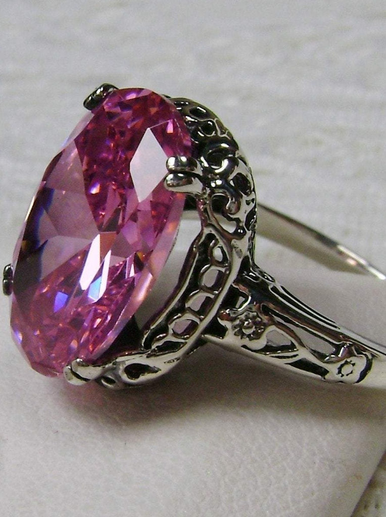 Pink Ring, Pink Cubic Zirconia (CZ) oval faceted gemstone, sterling silver floral filigree, Edward design #D70