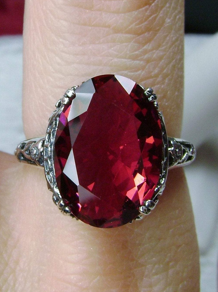 Ruby Ring, oval faceted simulated gemstone, sterling silver floral filigree, Edward design #D70