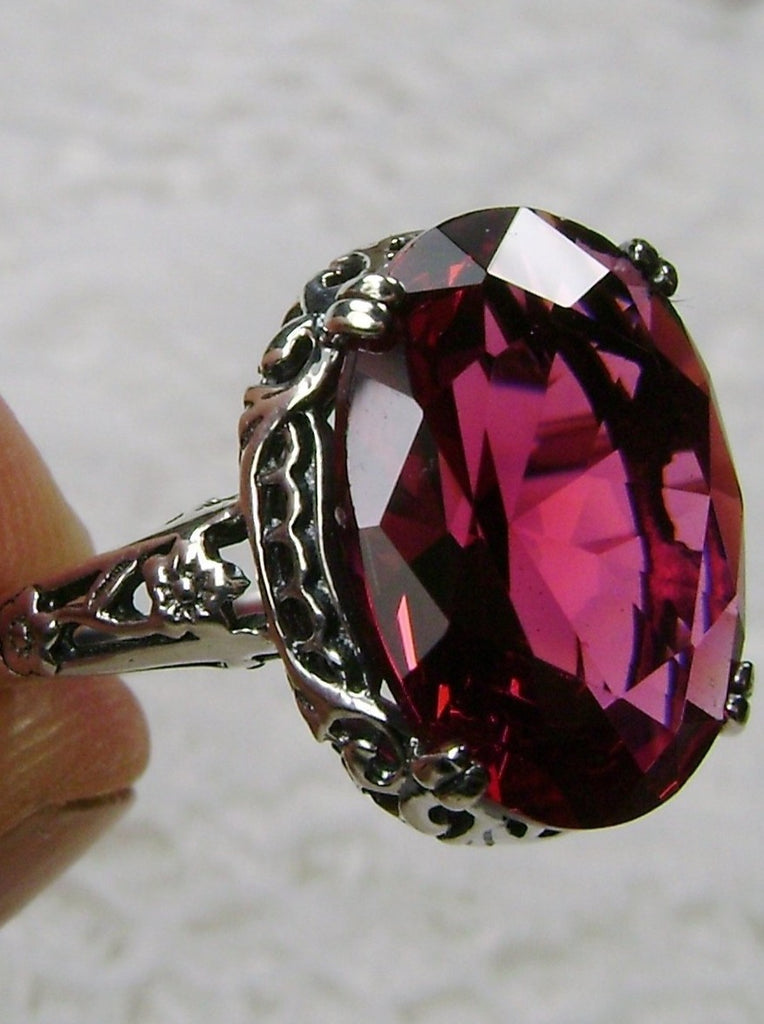 Ruby Ring, oval faceted simulated gemstone, sterling silver floral filigree, Edward design #D70