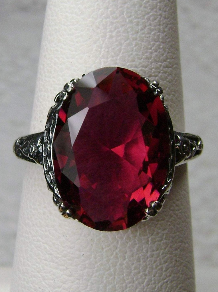 Ruby Ring, oval faceted simulated gemstone, sterling silver floral filigree, Edward design #D70