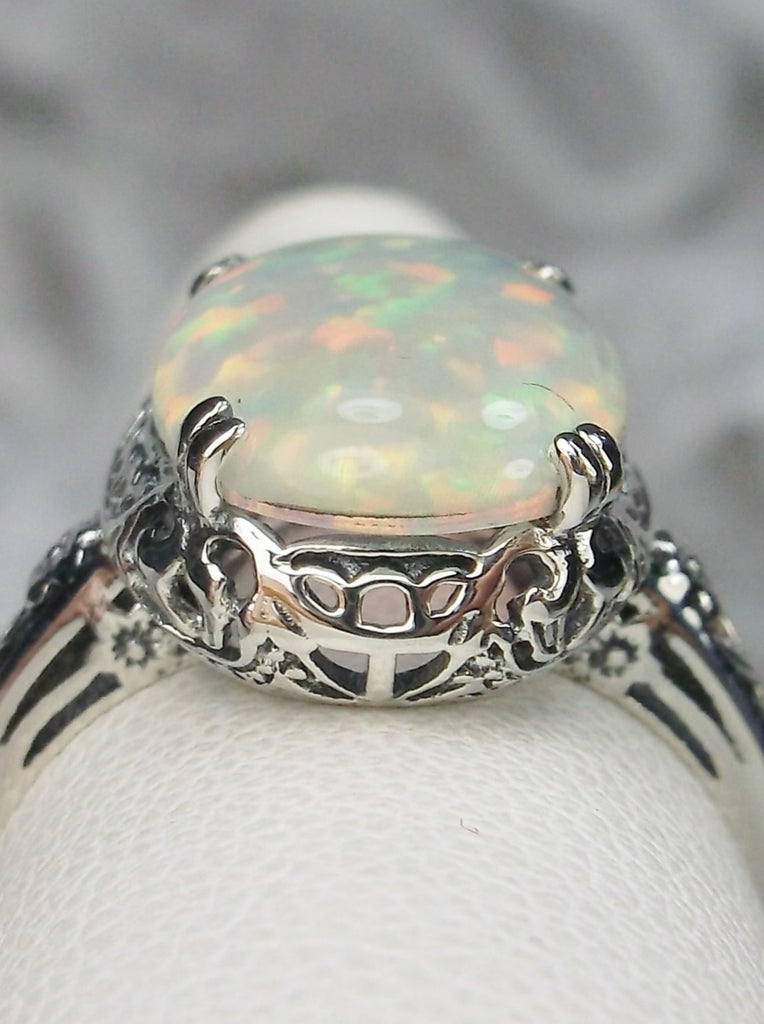 Opal Ring, Simulated fire opal oval gemstone, sterling silver floral filigree, Edward design #D70