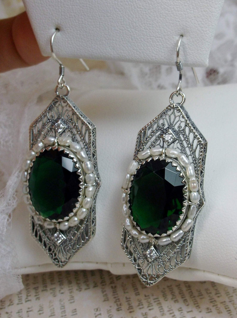 Art Deco Earrings, Emerald Green gem with seed pearls, vintage sterling silver filigree, with CZ insets